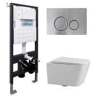 Комплект подвесной унитаз ABBER Rechteck AC1201 белый с инсталляцией AC0105 и кнопкой AC0121MCH матовый хром