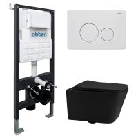 Комплект подвесной унитаз ABBER Rechteck AC1201MB черный матовый с инсталляцией AC0105 и кнопкой AC0121MW белая матовая